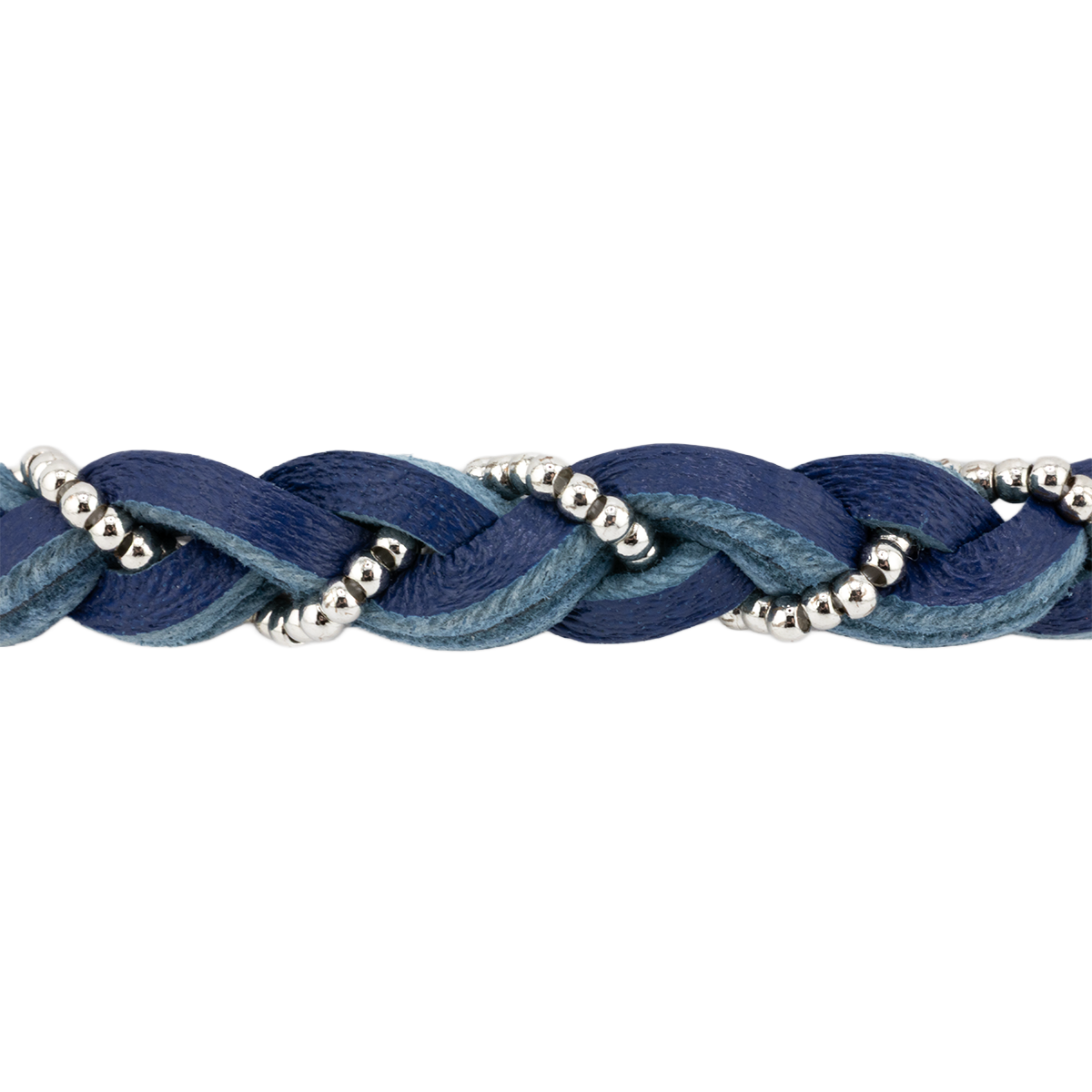 Braided blue bracelet with silver beads on a white background