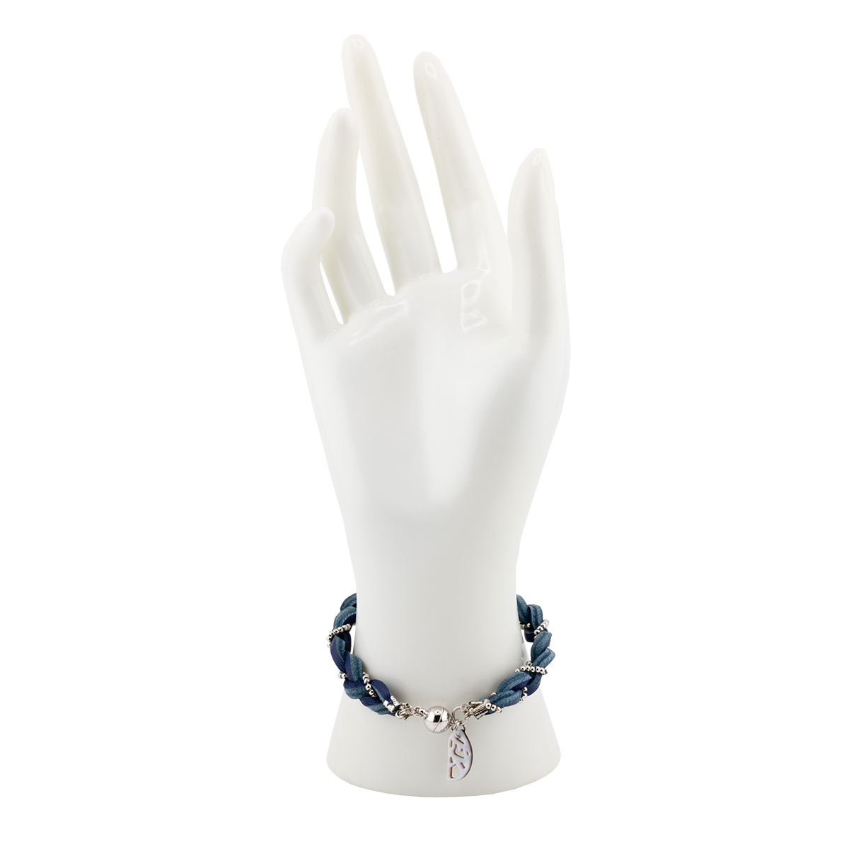 Blue beaded bracelet on a white mannequin hand against a white background