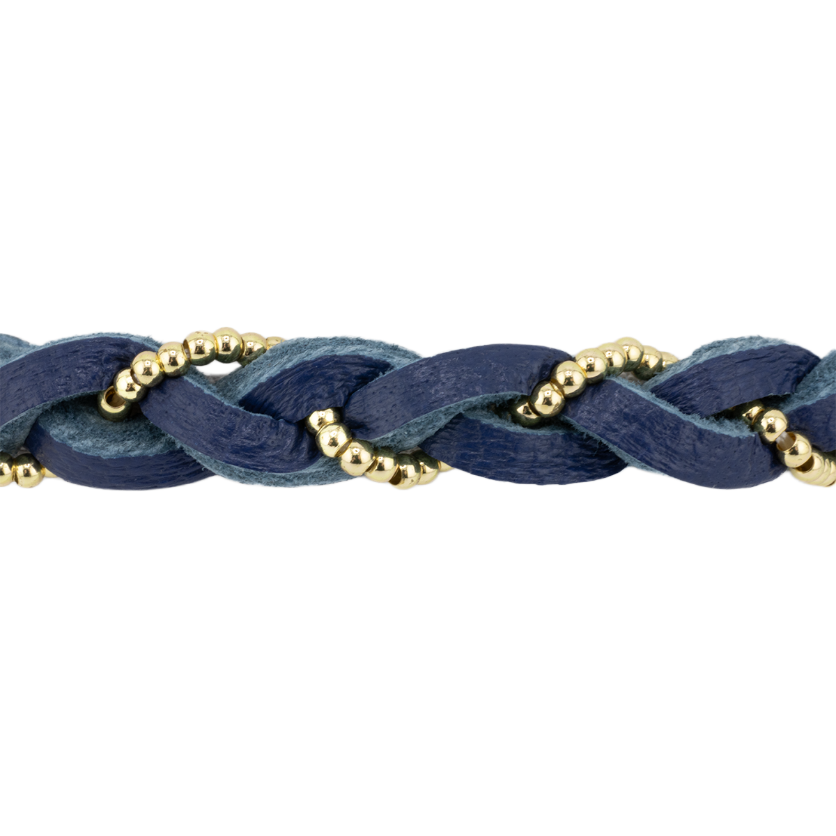 Navy braided bracelet with gold beads on a white background