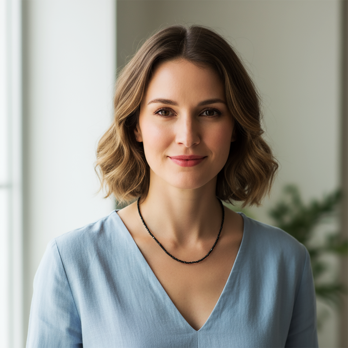 Woman wearing a light blue top with a blurred indoor background