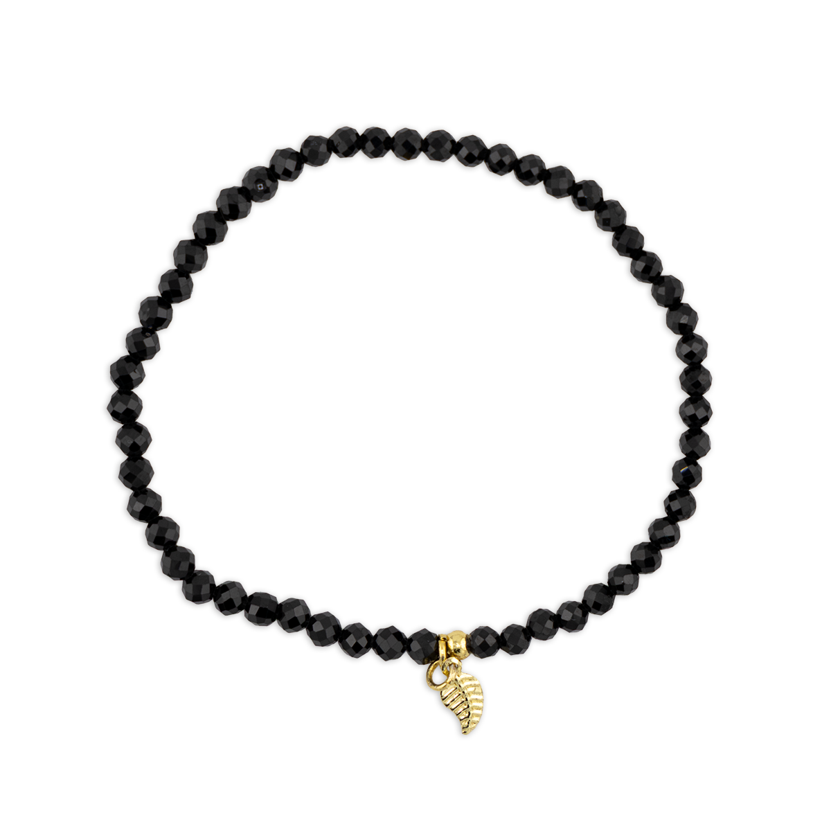 Black beaded bracelet with a gold charm on a white background