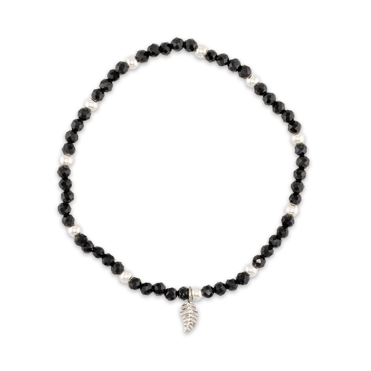 Black beaded necklace with a silver charm on a white background
