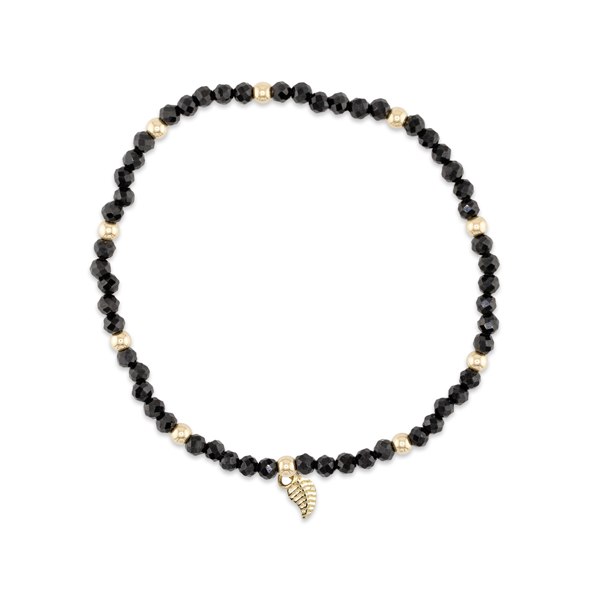 Black beaded bracelet with gold accents on a white background