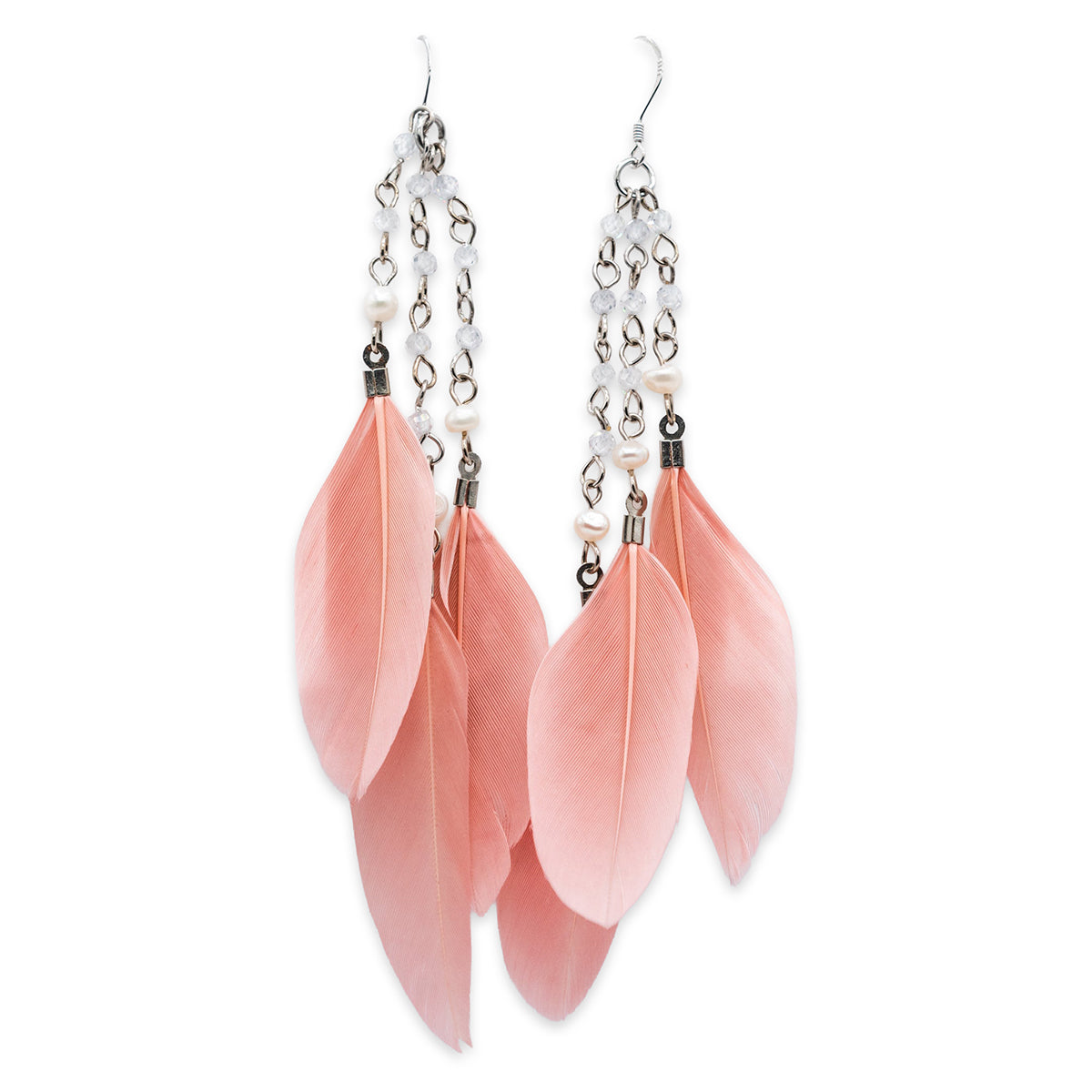 Pink feather earrings with beaded chains on a white background