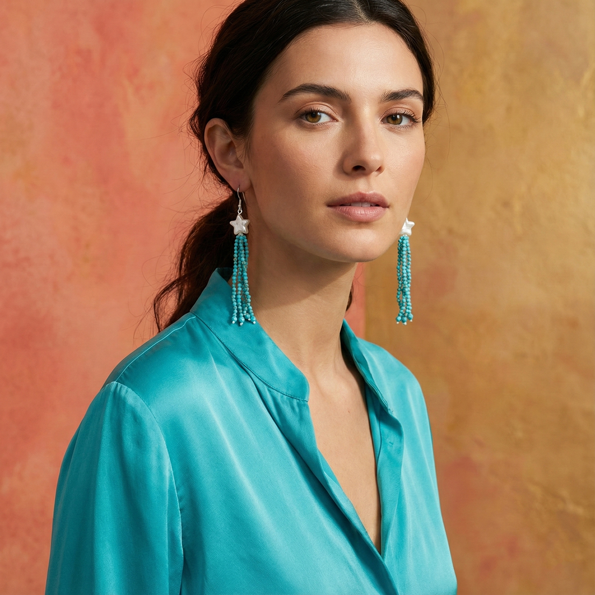 Pearl Star and African Turquoise Earrings model