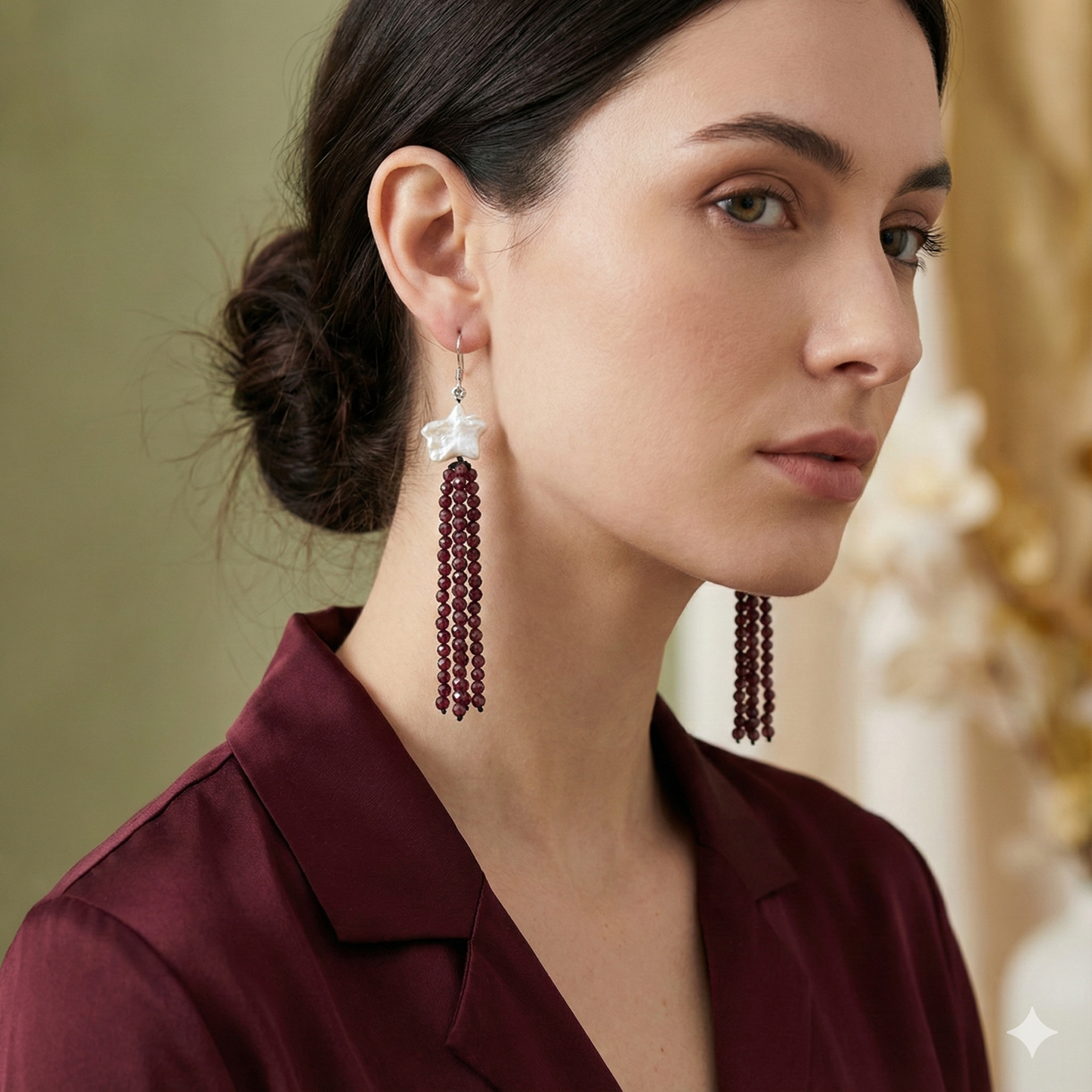 Pearl Star and Garnet Earrings model