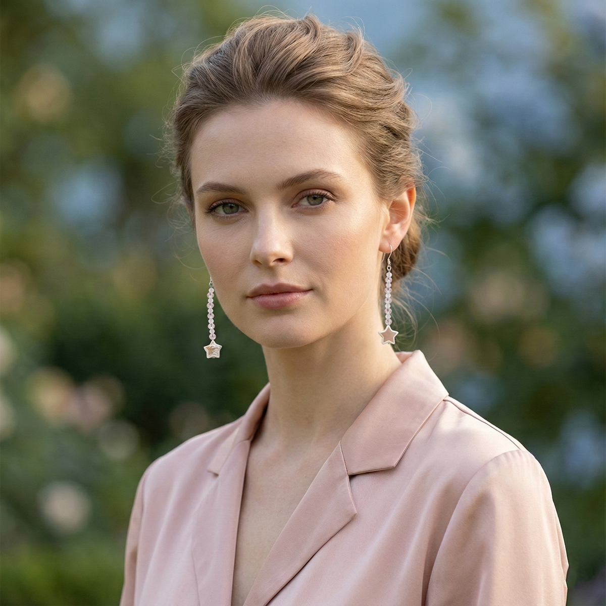 Pearl Star and Pink Crystal Dangle Earrings model