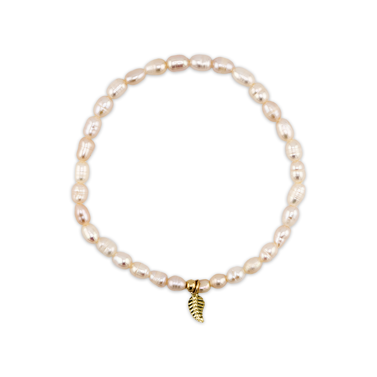 Pearl bracelet with a gold leaf charm on a white background