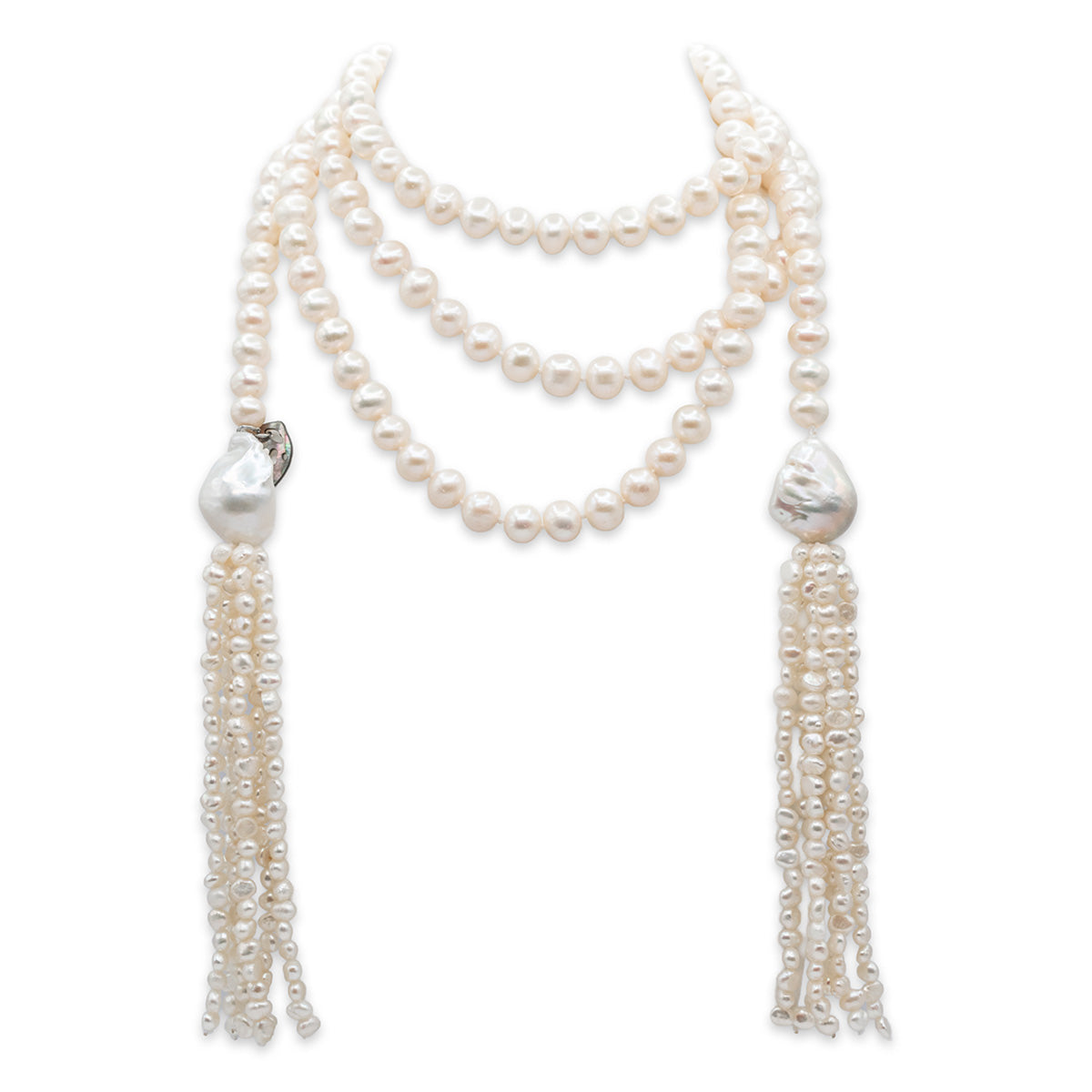 Pearl necklace with tassels on a white background
