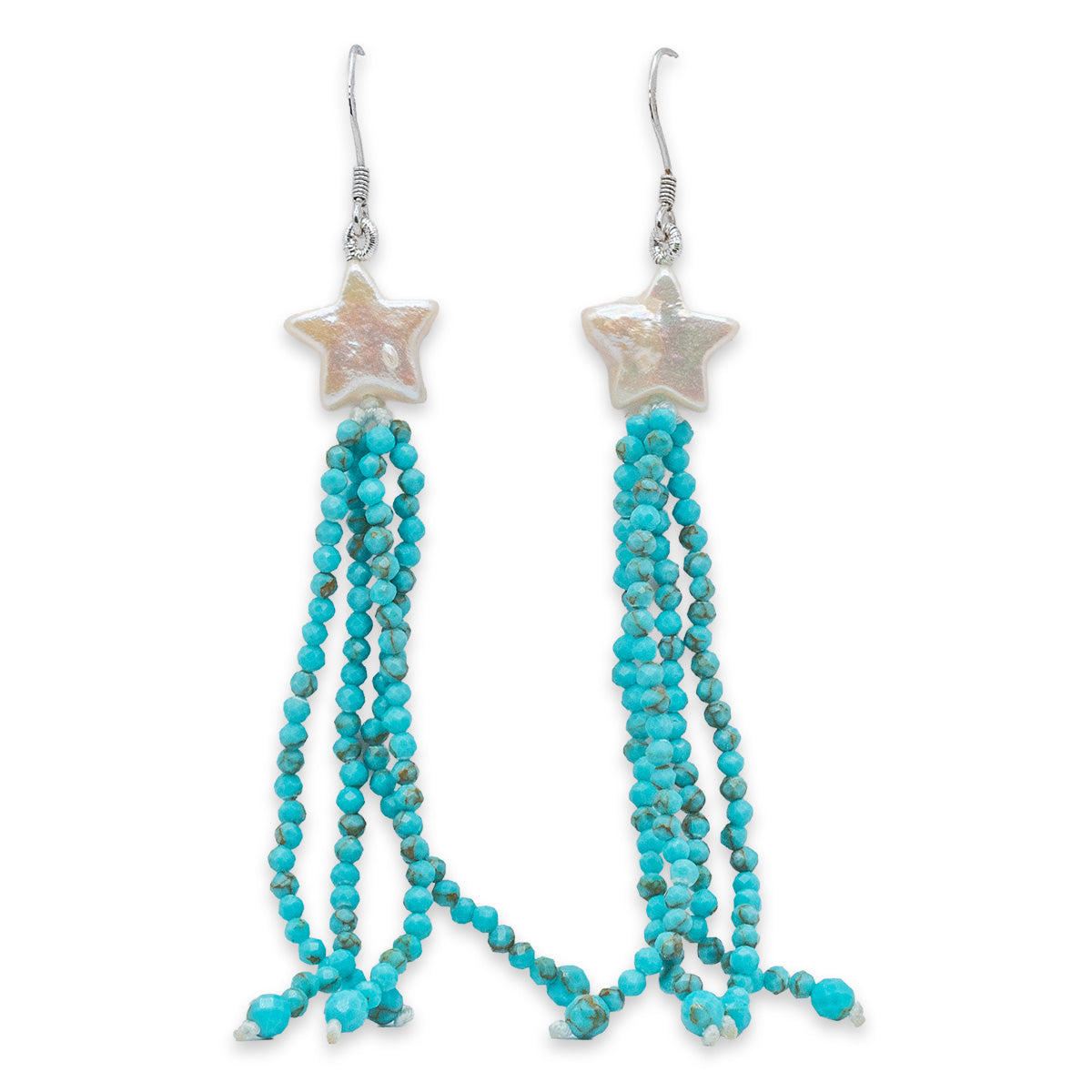 Turquoise beaded earrings with star-shaped shell pendants on a white background