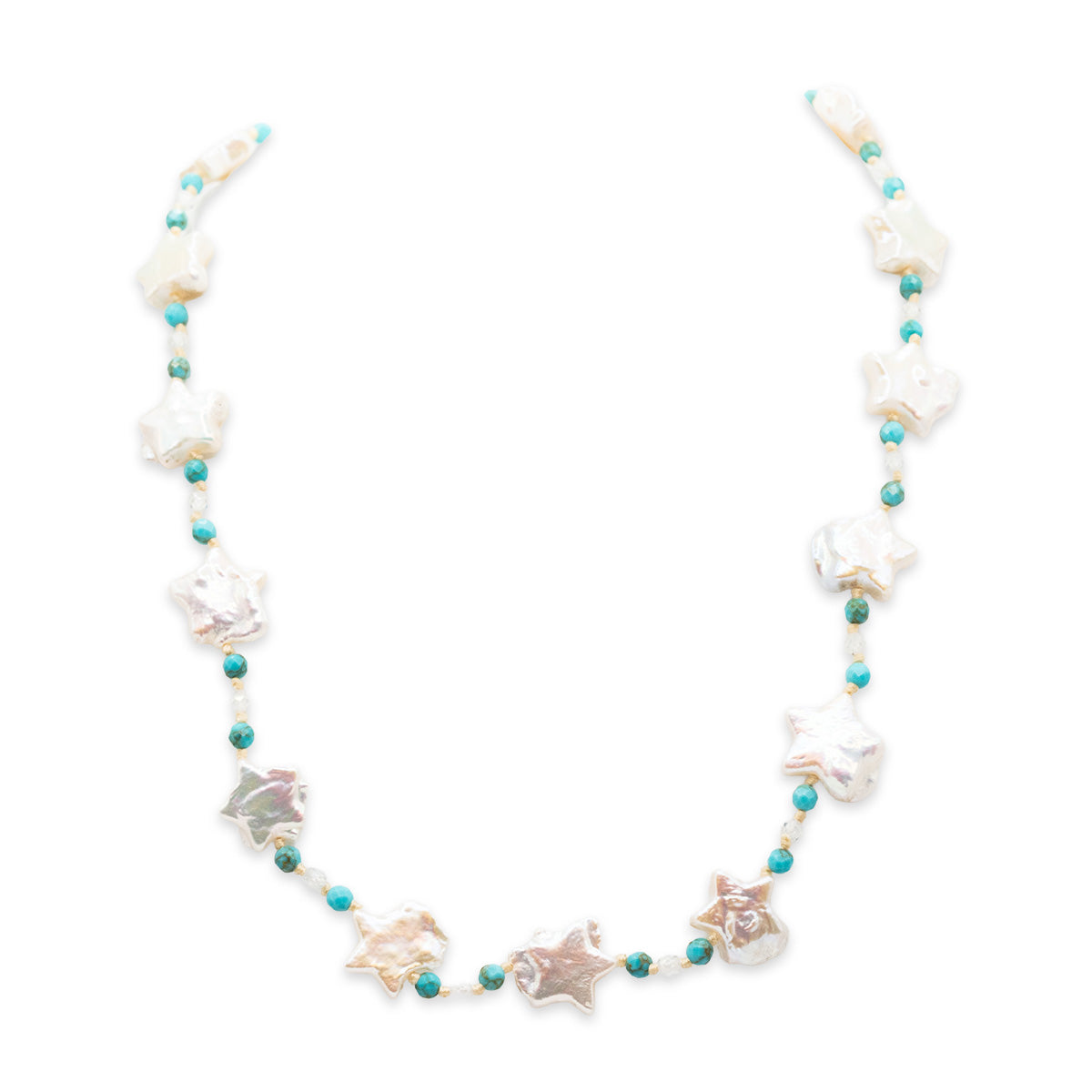 Necklace with starfish and turquoise beads on a white background