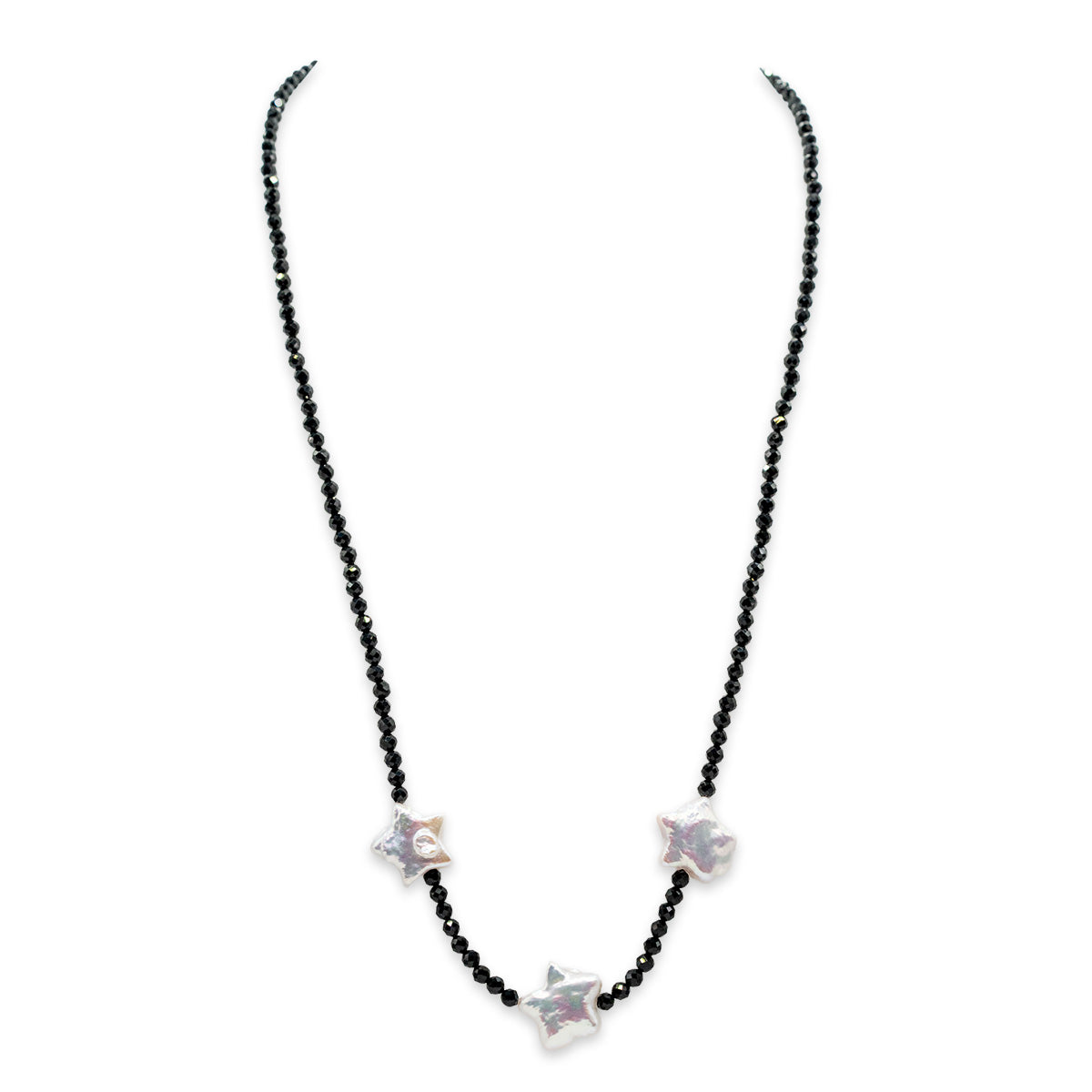 Necklace with black beads and butterfly charms on a white background