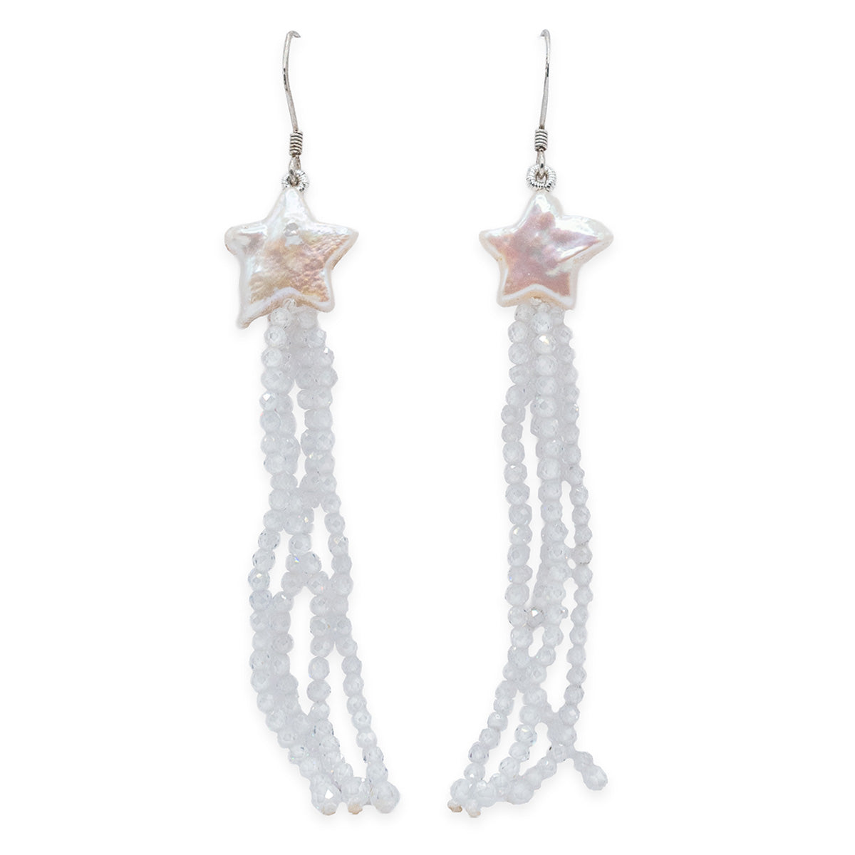 Star-shaped earrings with white beaded strands on a white background