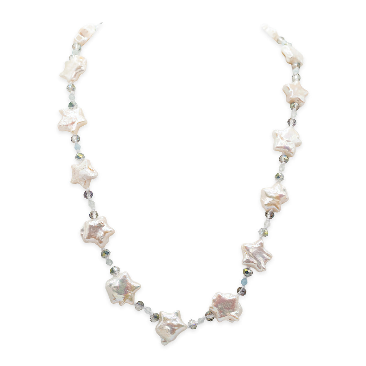 Necklace with star-shaped pearls on a white background