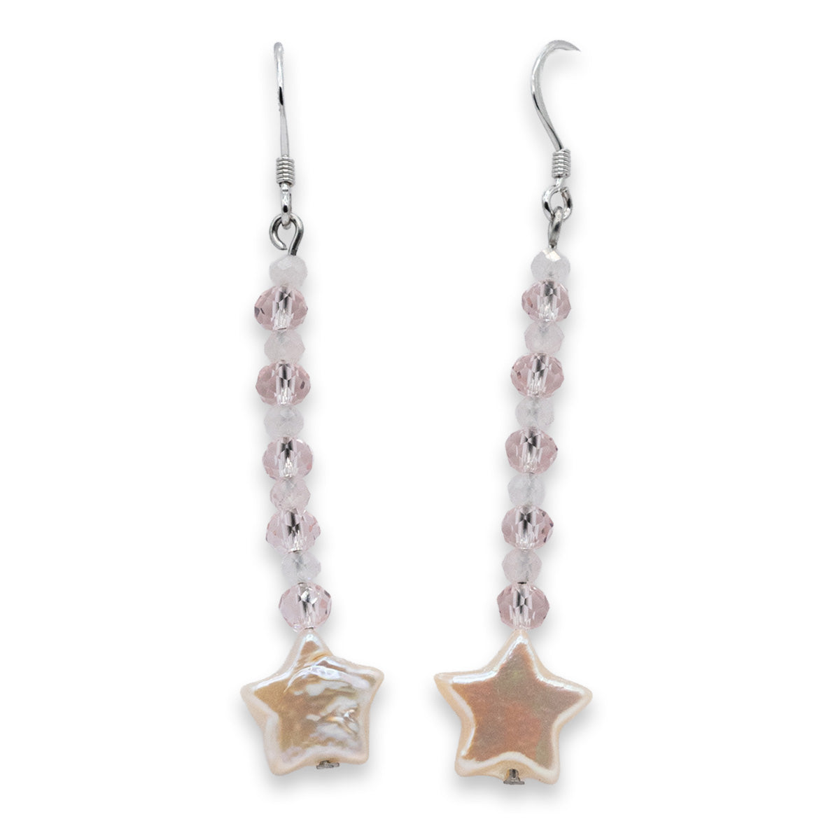 Star-shaped earrings with beaded strings on a white background