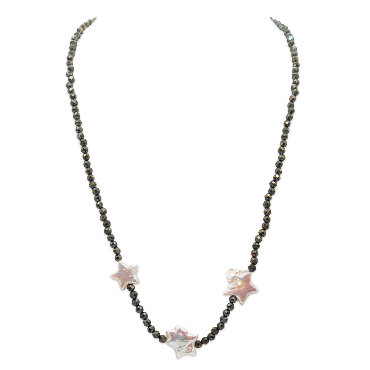 Necklace with star-shaped pink stones on a white background