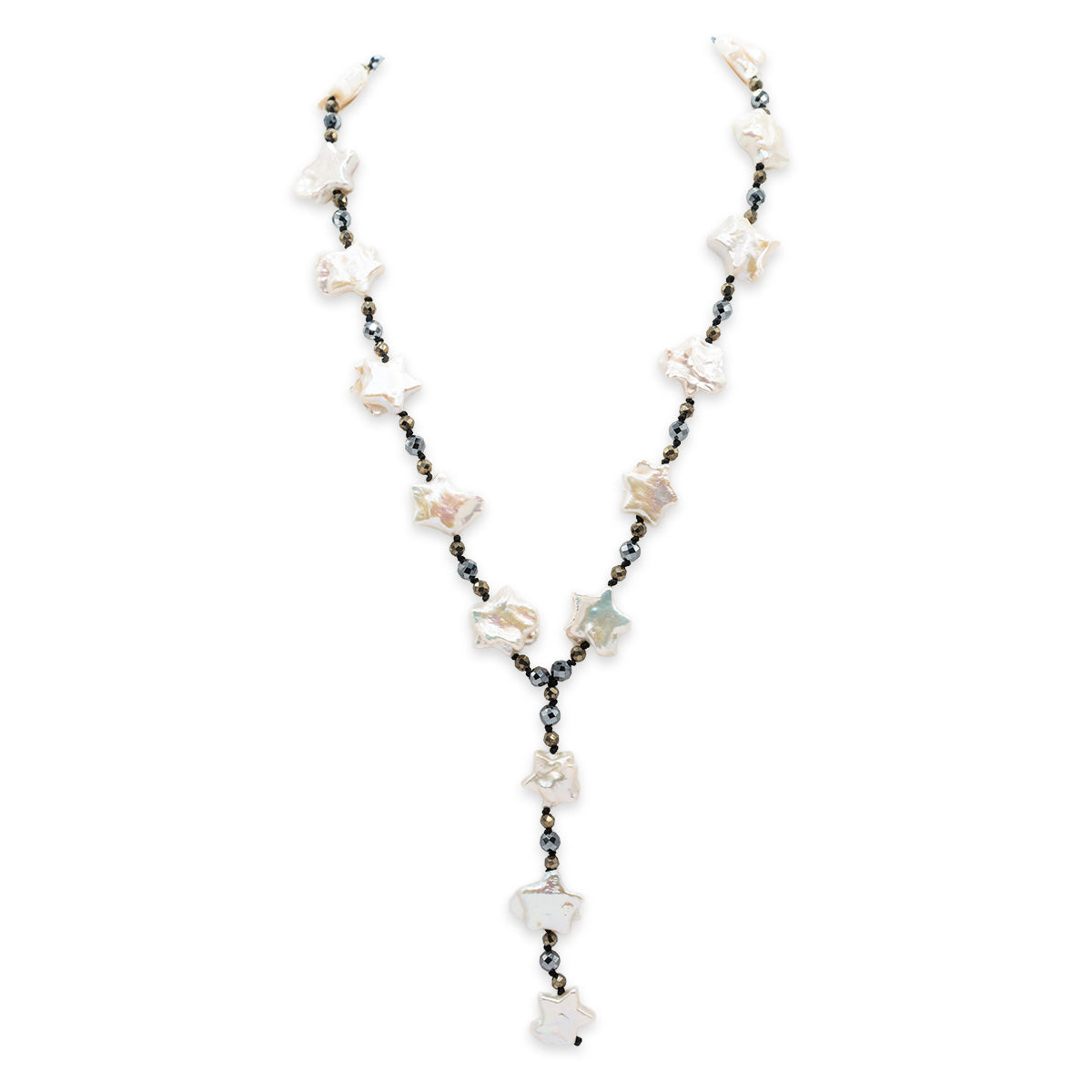 Necklace with pearls and black beads on a white background