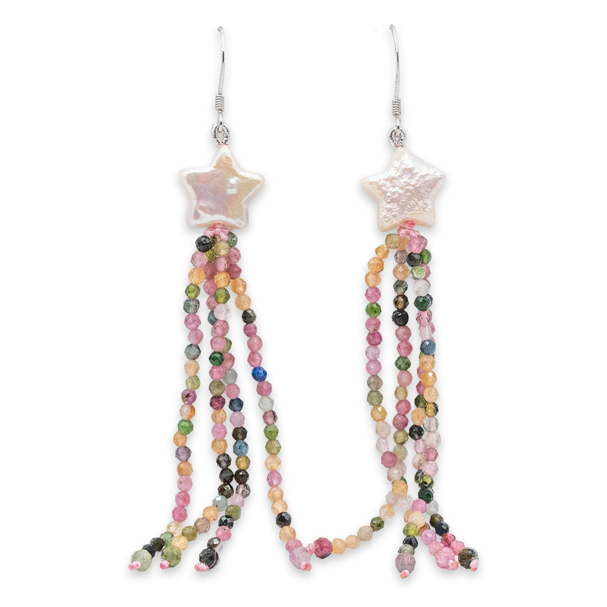 Star-shaped earrings with colorful bead strands on a white background