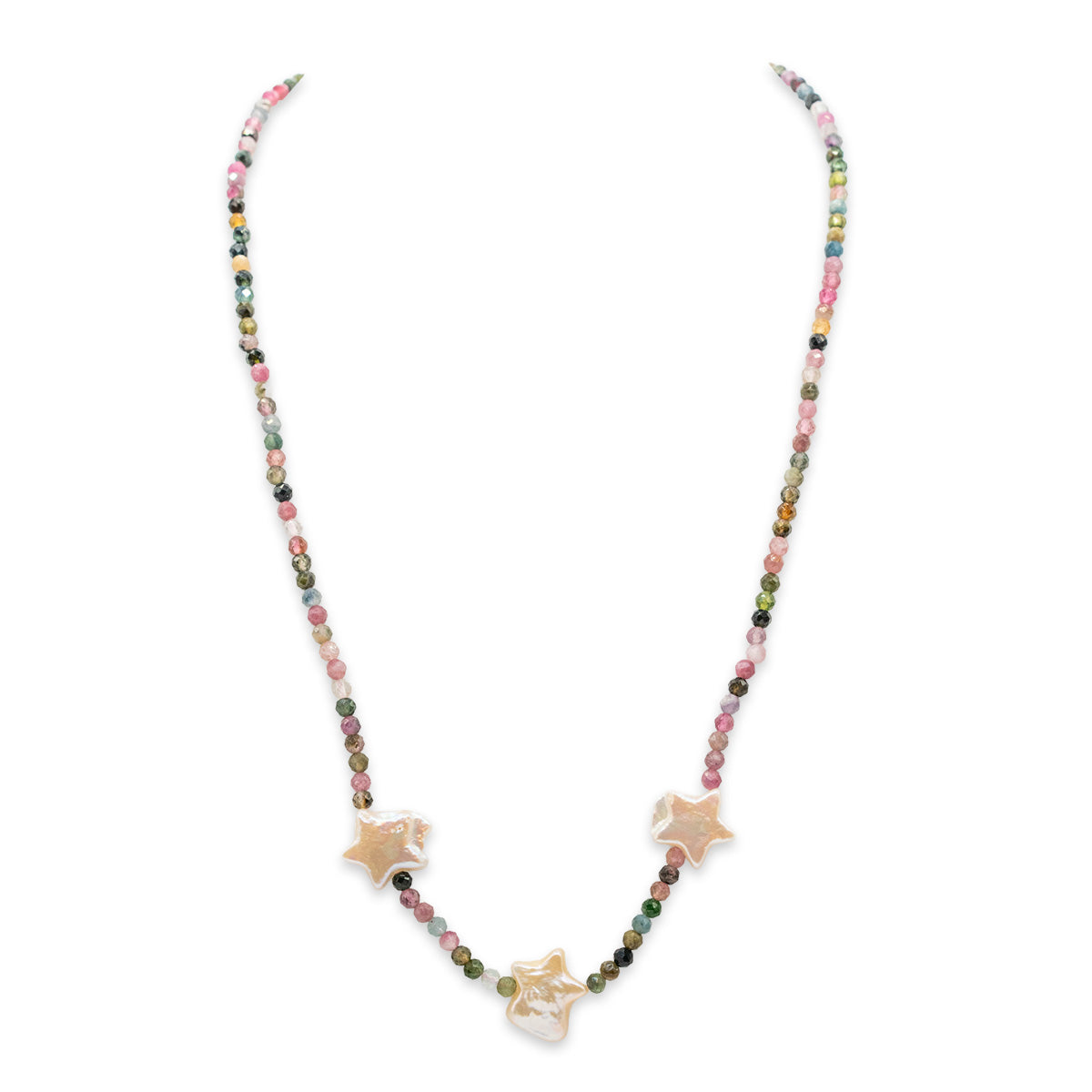 Necklace with star-shaped charms and multicolored beads on a white background