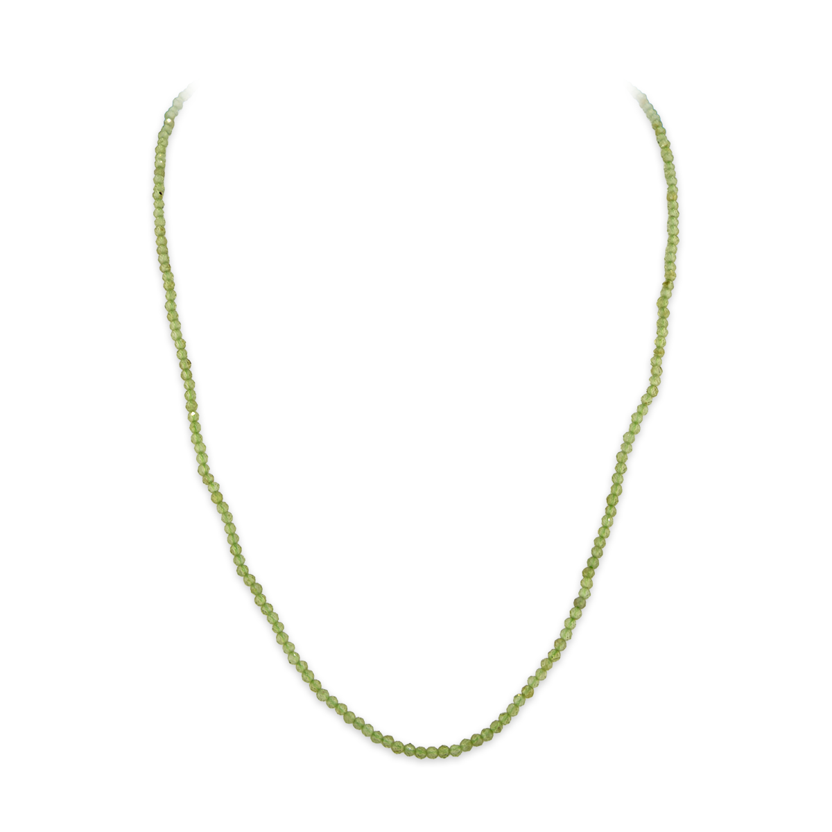 Green beaded necklace on a white background