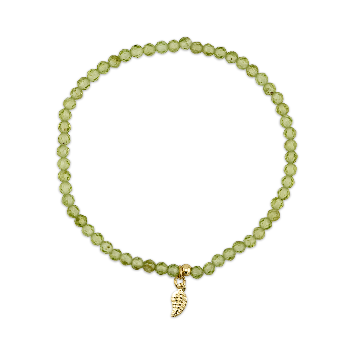 Green beaded bracelet with a gold charm on a white background