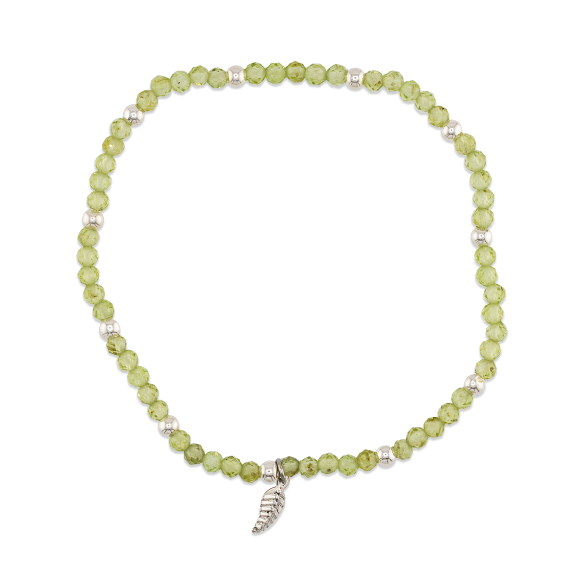 Green beaded bracelet with a silver charm on a white background