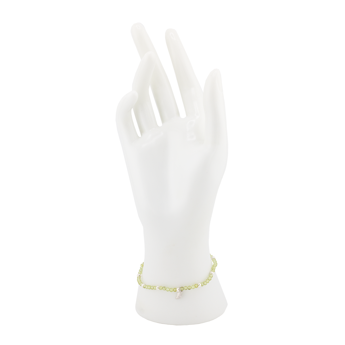 White mannequin hand wearing a gold bracelet on a white background