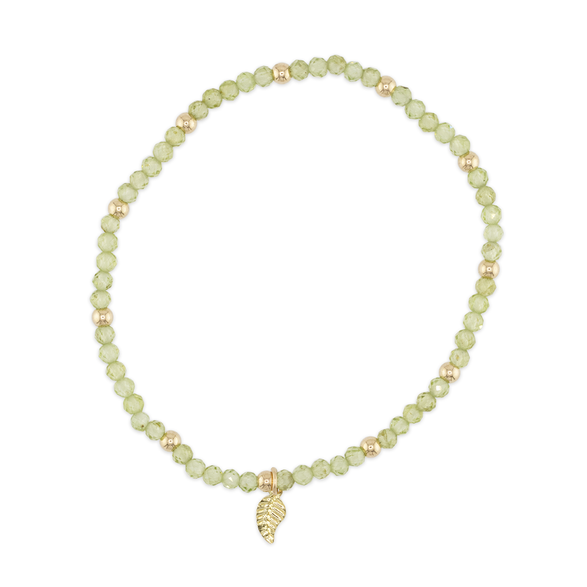 Beaded necklace with a gold leaf charm on a white background