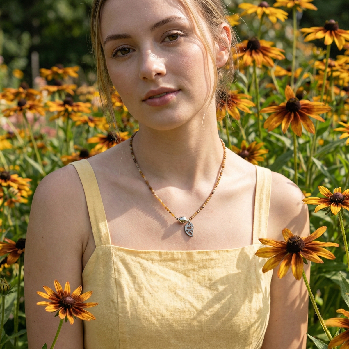 Woman in a yellow dress standing among sunflowers