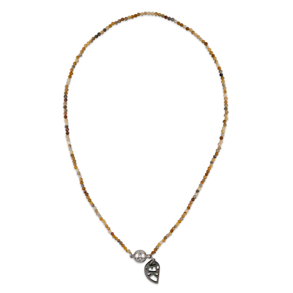 Necklace with beads and a leaf-shaped charm on a white background