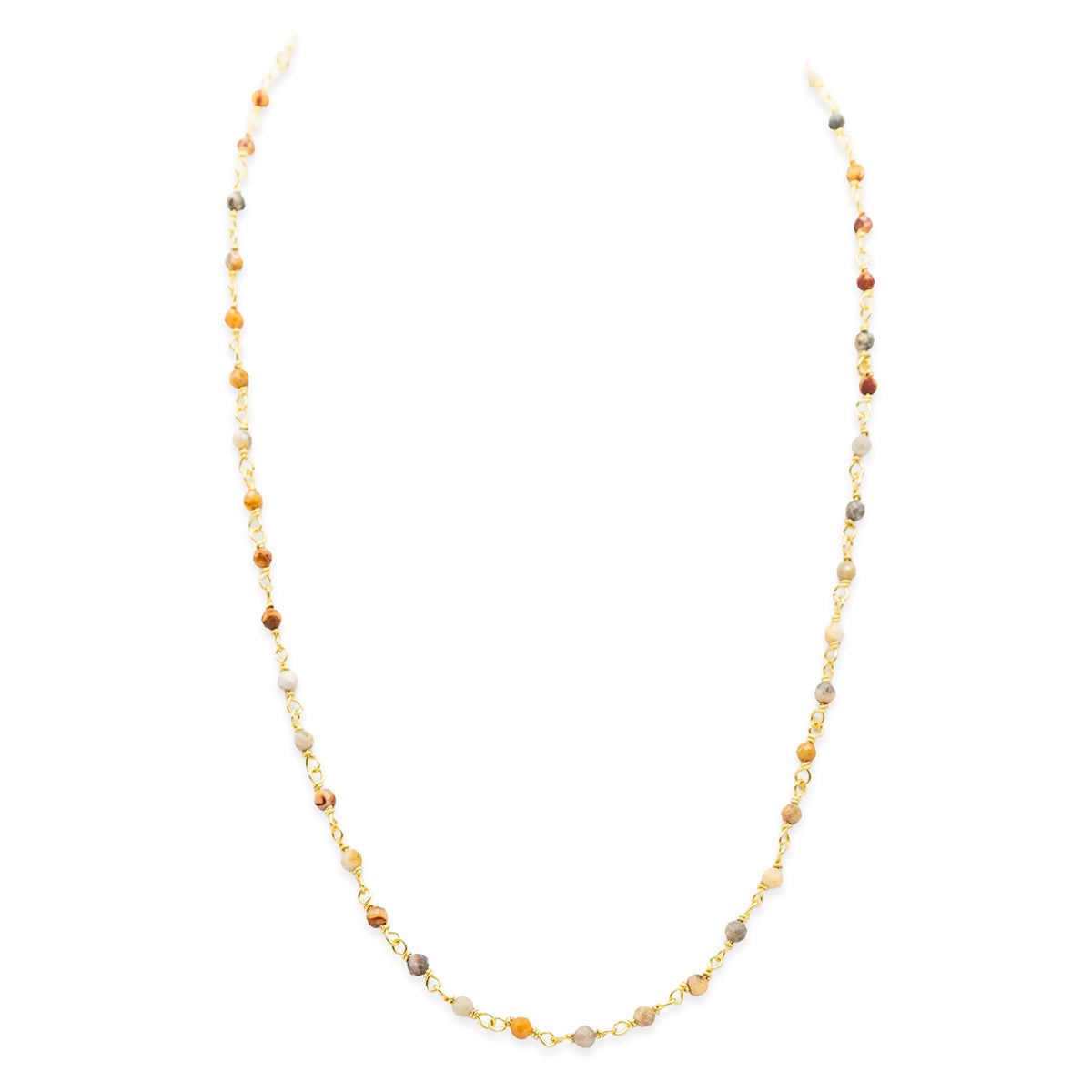 Necklace with multicolored beads on a white background
