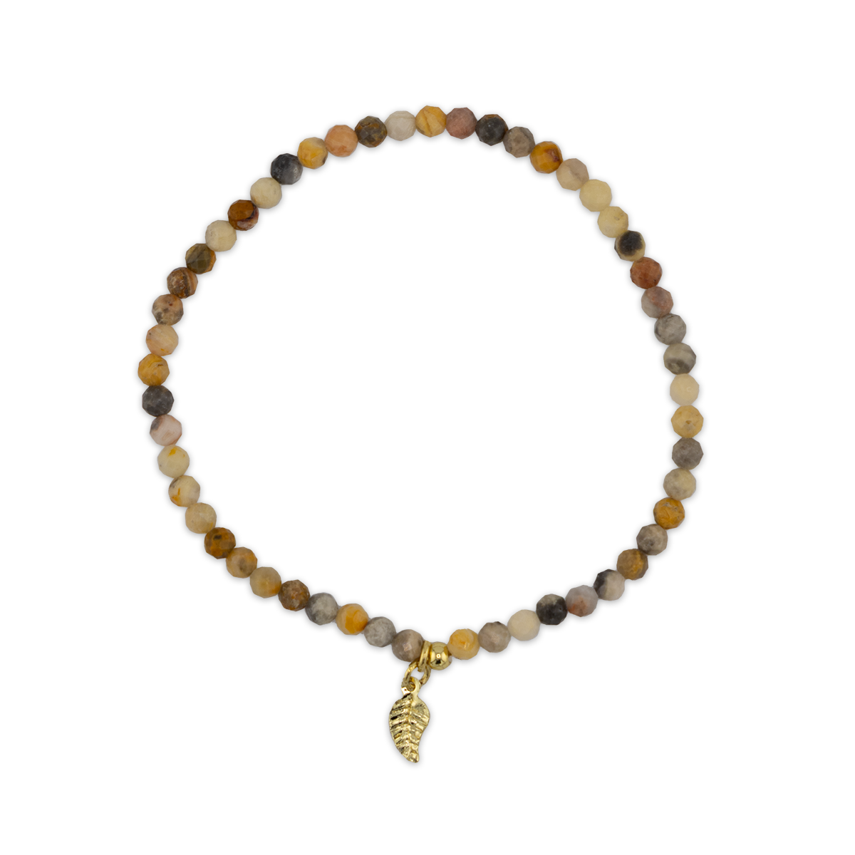 Multicolored beaded bracelet with a gold charm on a white background
