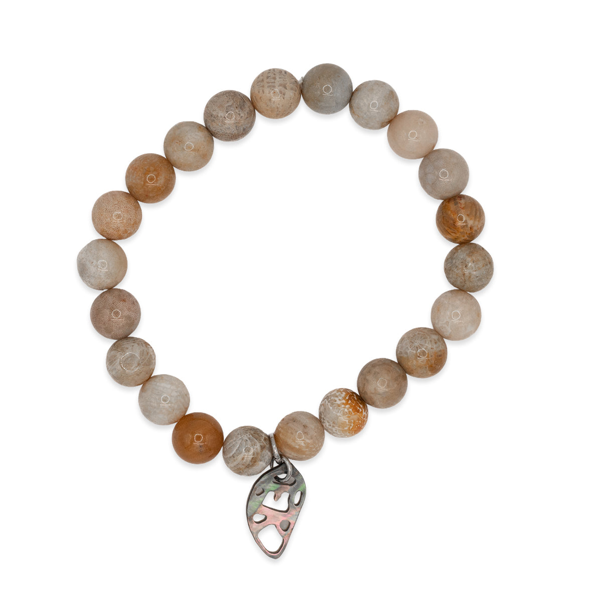 Beaded bracelet with a silver leaf charm on a white background