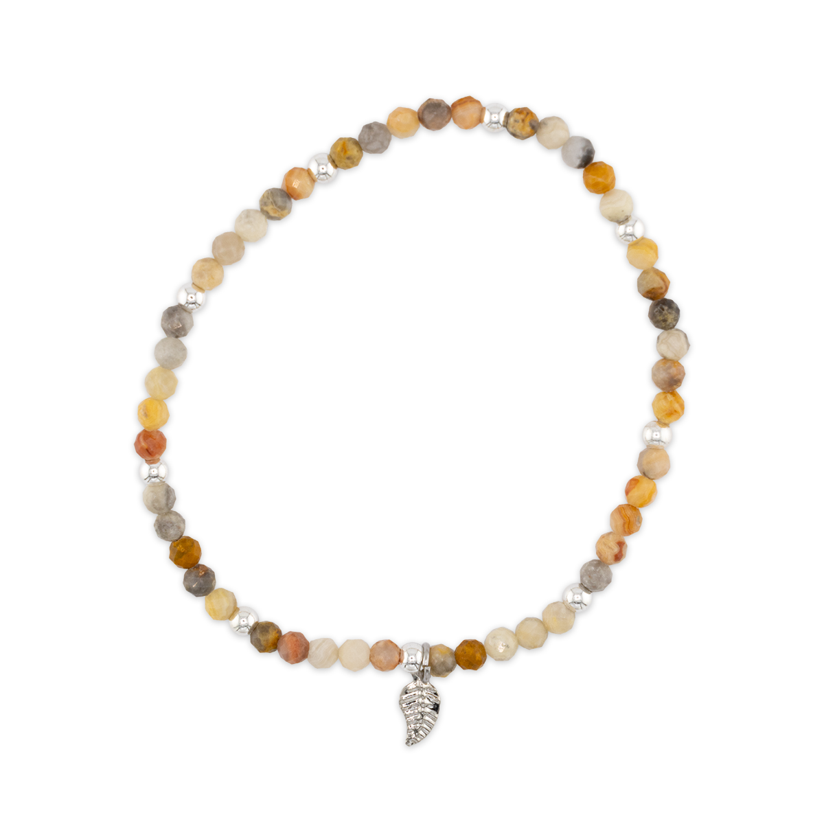 Beaded bracelet with a silver charm on a white background