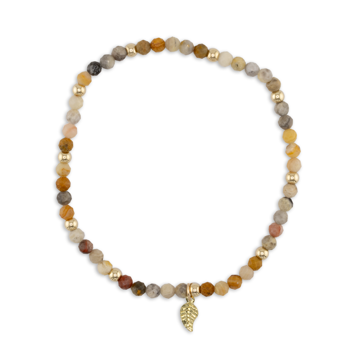 Beaded bracelet with a leaf charm on a white background