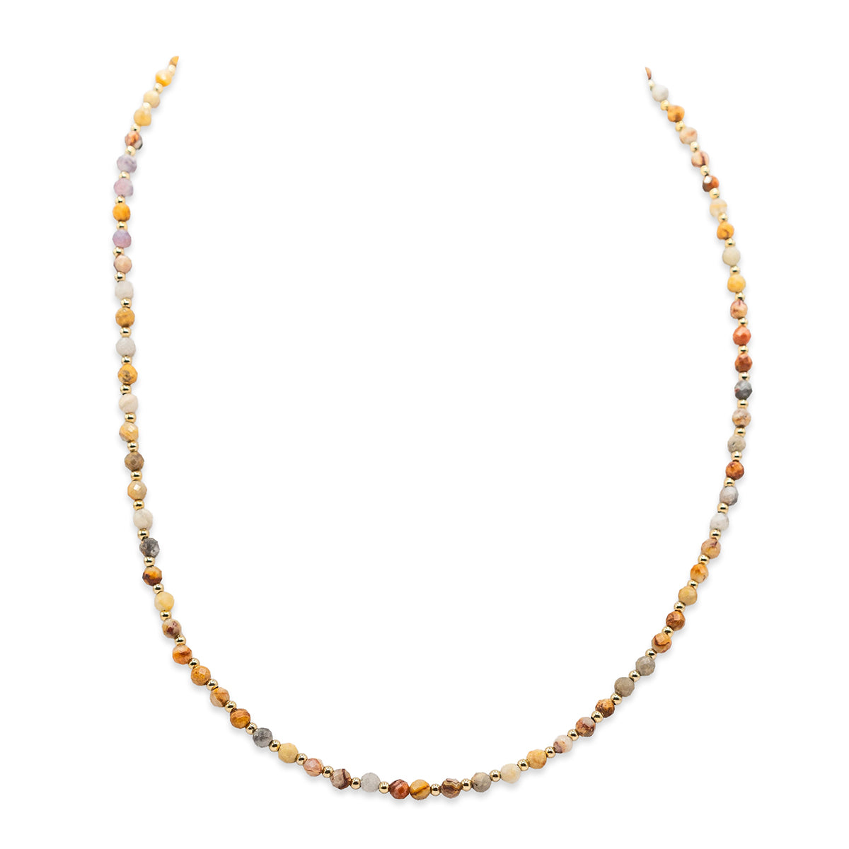Necklace with multicolored beads on a white background
