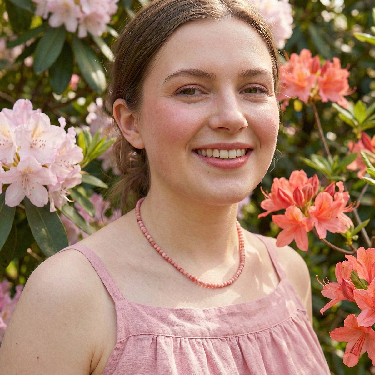 Woman in a pink dress with flowers in the background