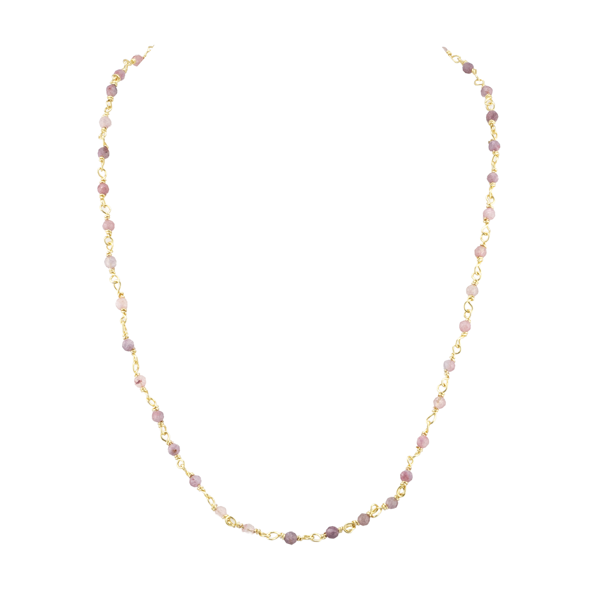 Necklace with pink and gold beads on a white background