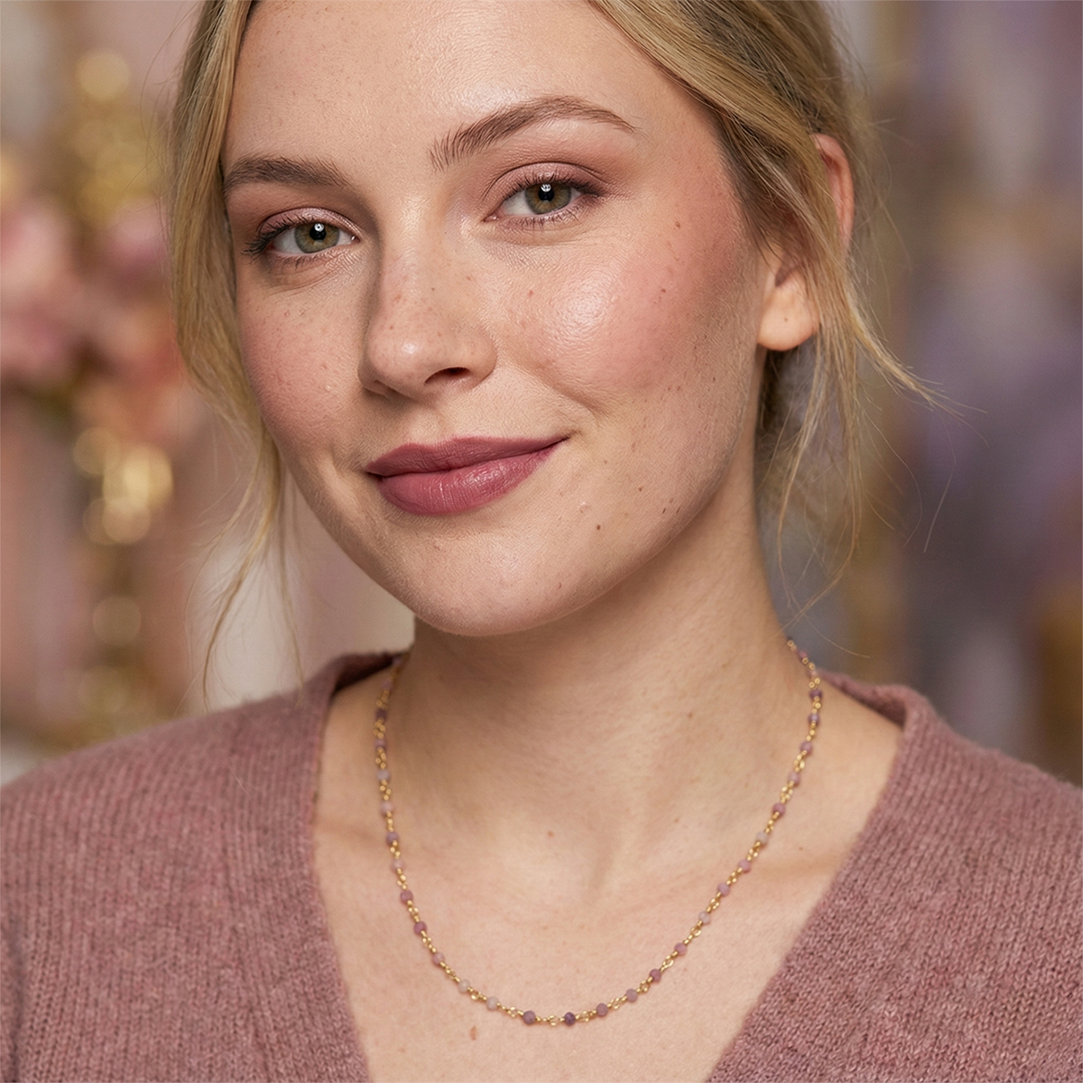 Woman wearing a gold necklace with a blurred background