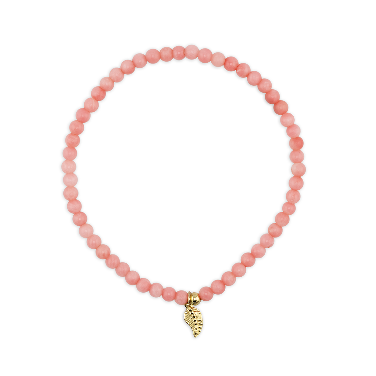 Pink beaded bracelet with a gold charm on a white background