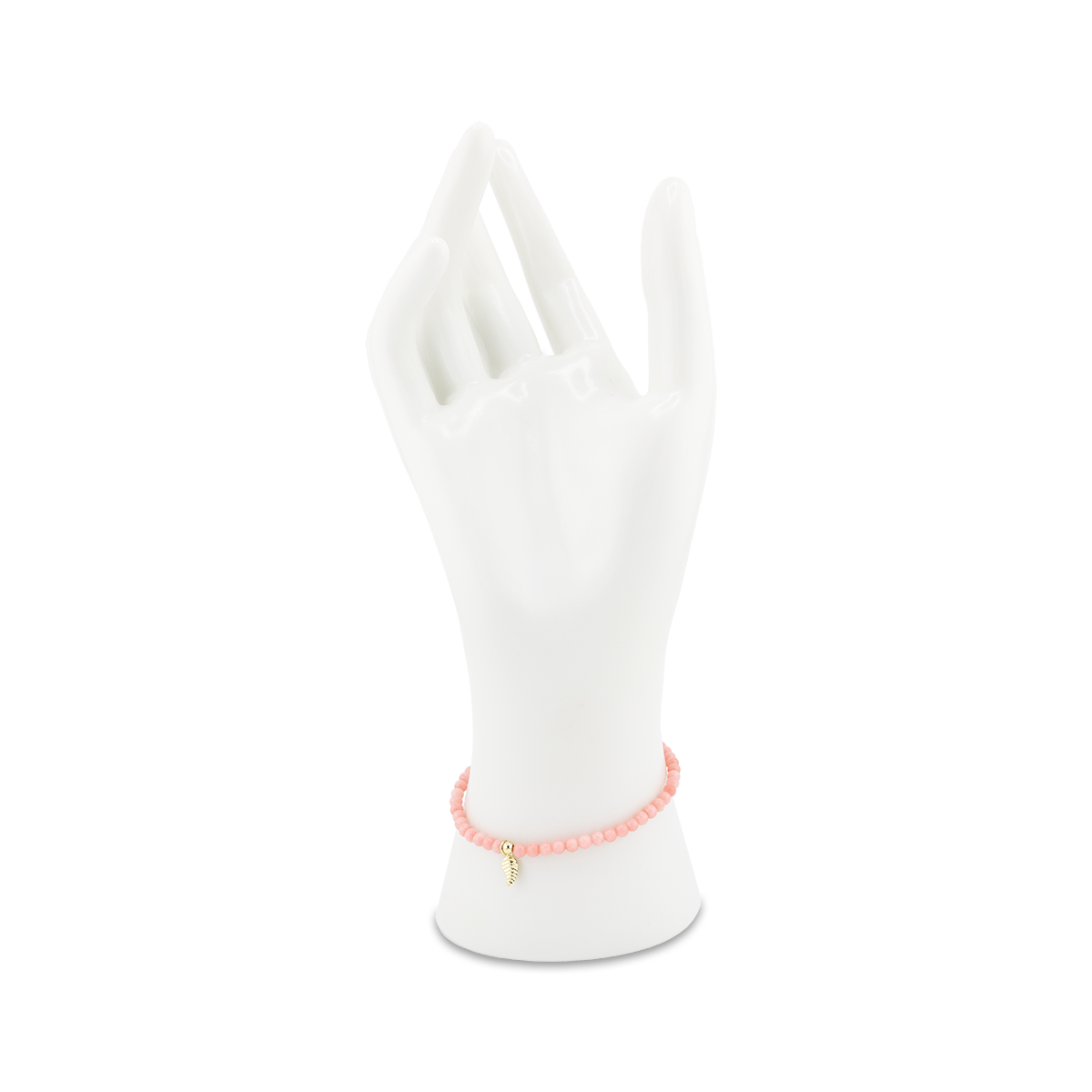 White glove with a pink beaded bracelet on a white background