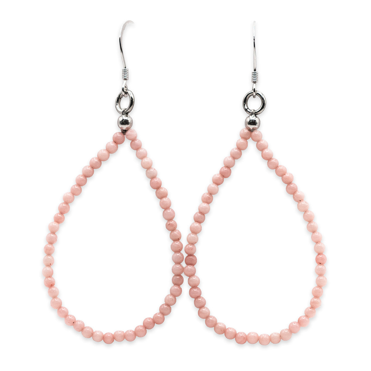 Pair of pink beaded earrings on a white background