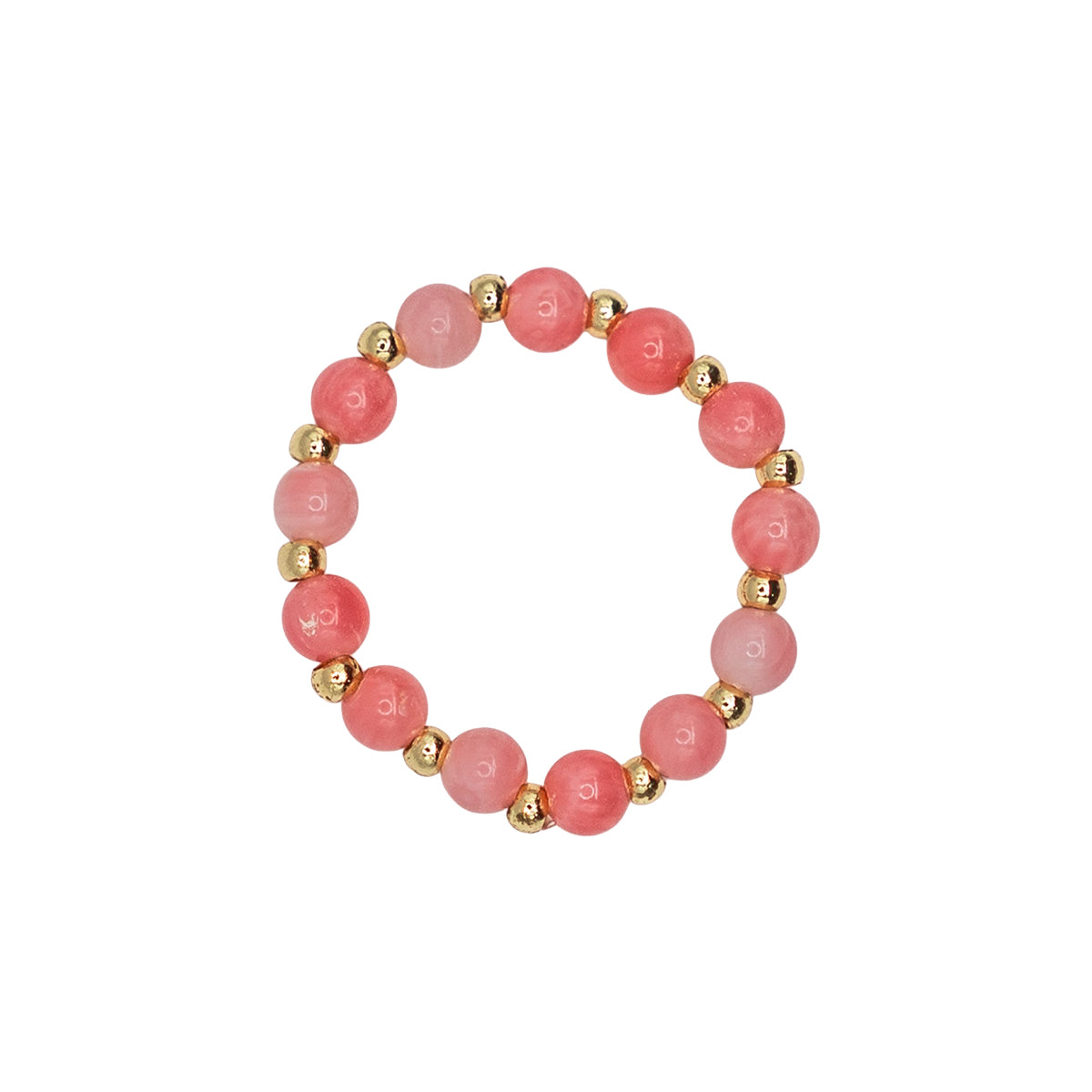 Pink beaded ring with gold accents on a white background