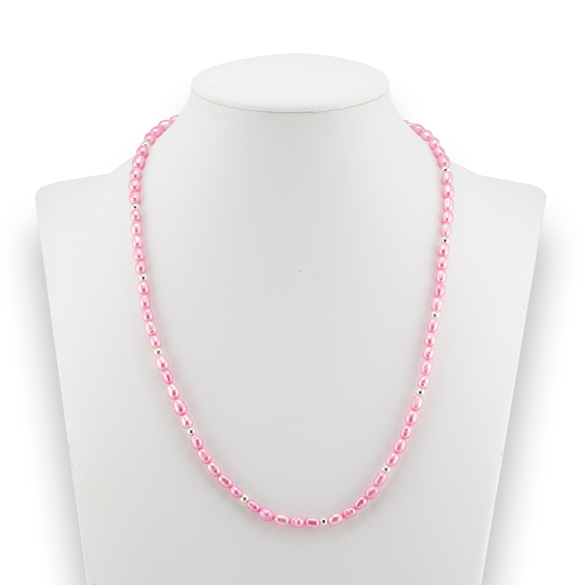 Pink beaded necklace on a mannequin with a white background