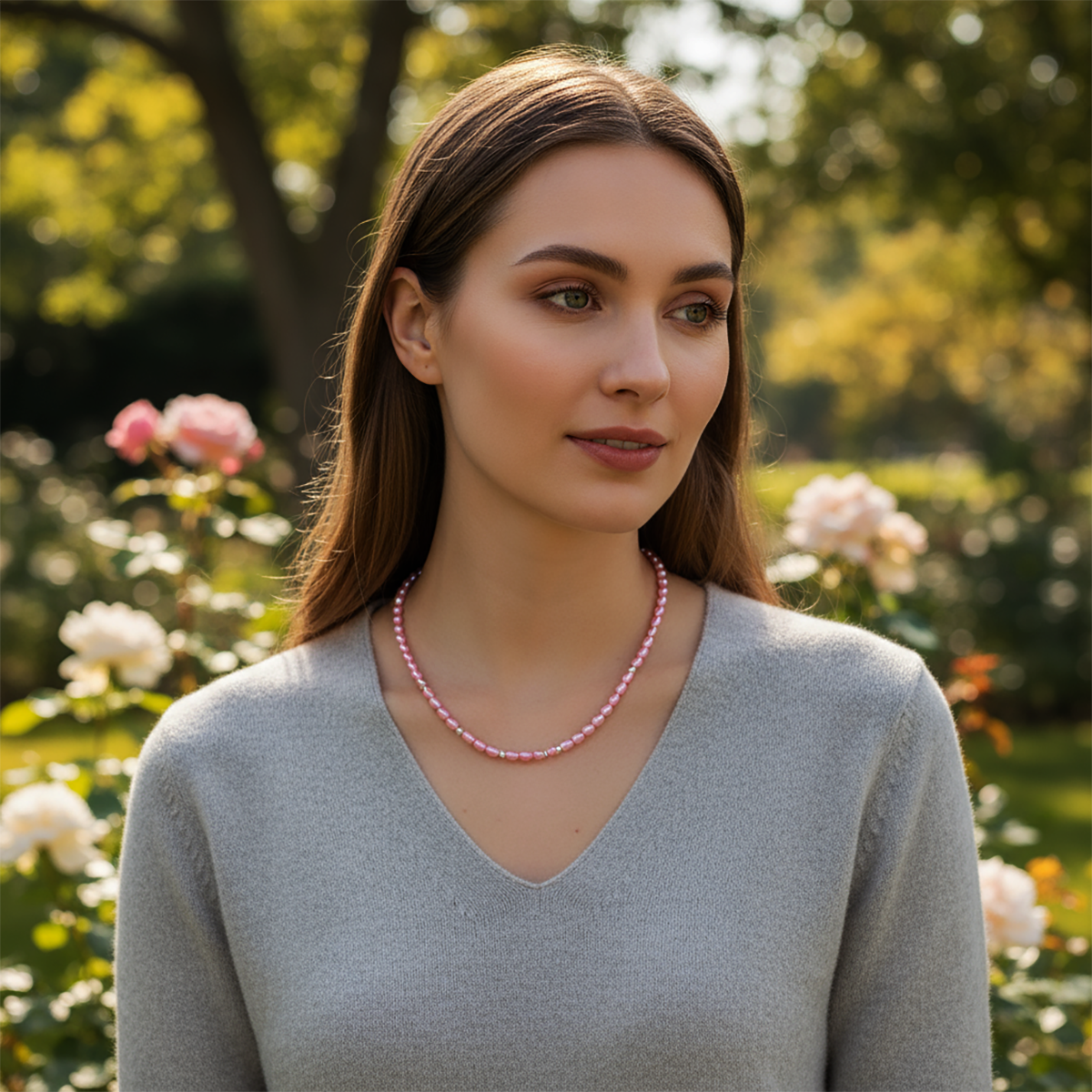 Woman wearing a pink beaded necklace in a garden setting