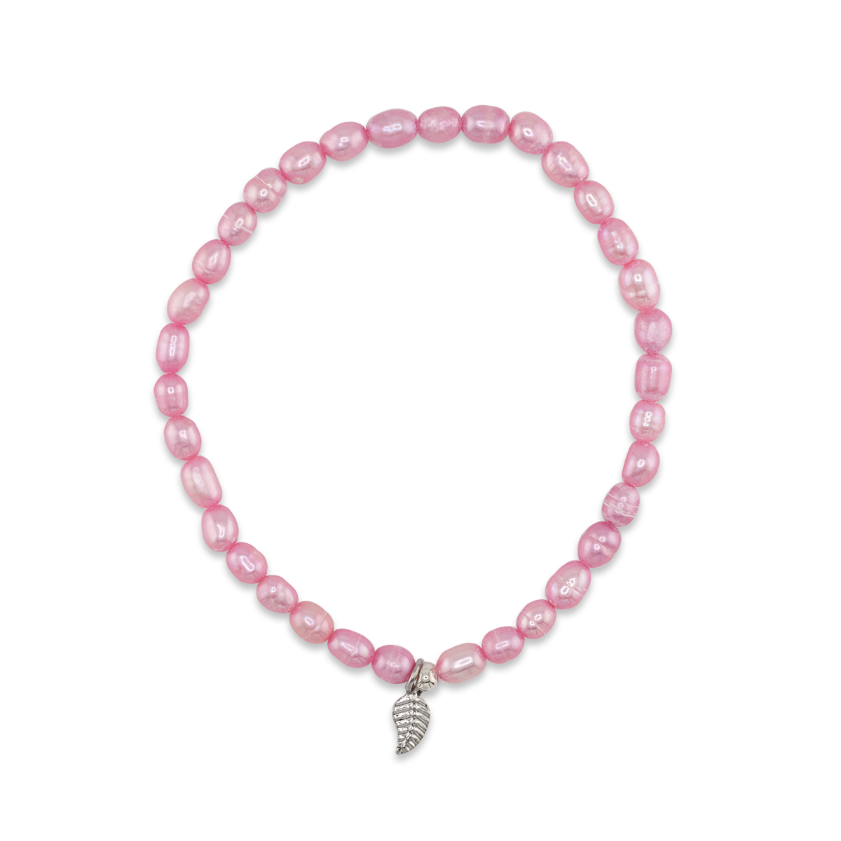 Pink beaded bracelet with a silver charm on a white background