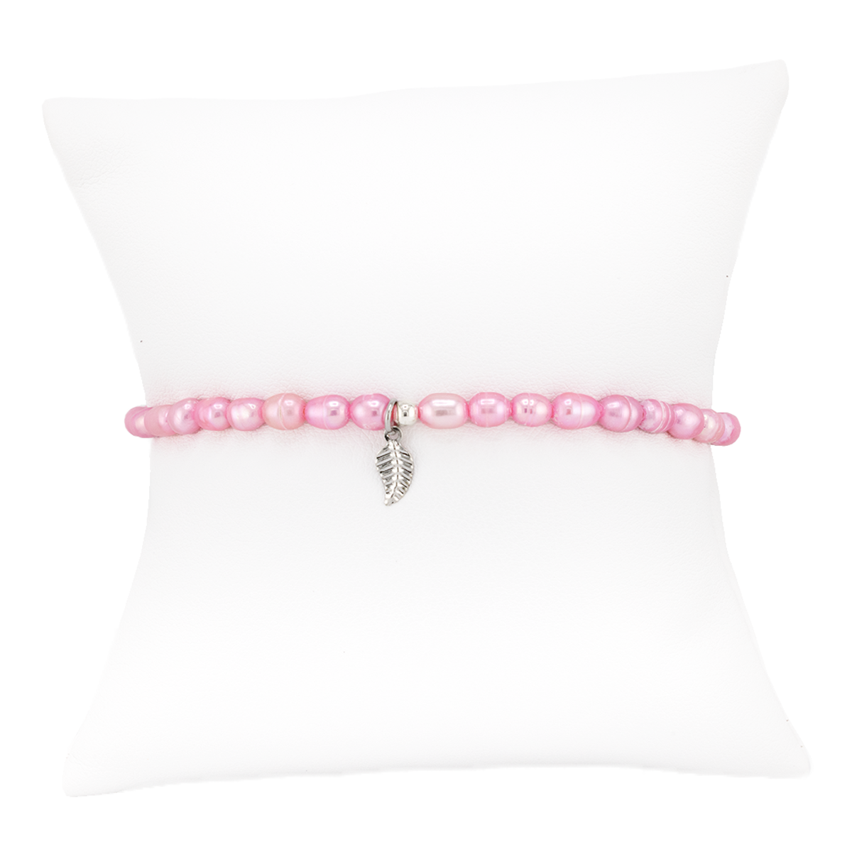 Pink beaded bracelet with a leaf charm on a white background