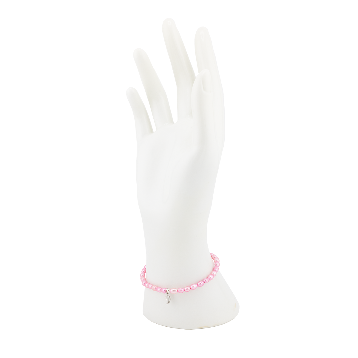 Pink beaded anklet on a white mannequin foot against a white background