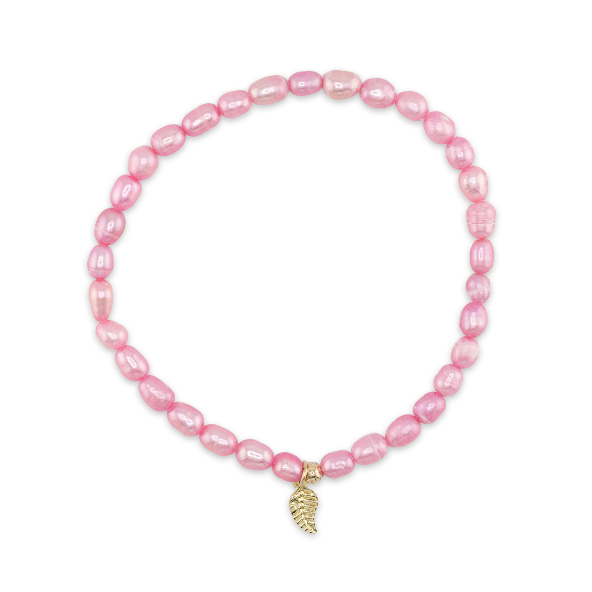 Pink beaded bracelet with a gold charm on a white background