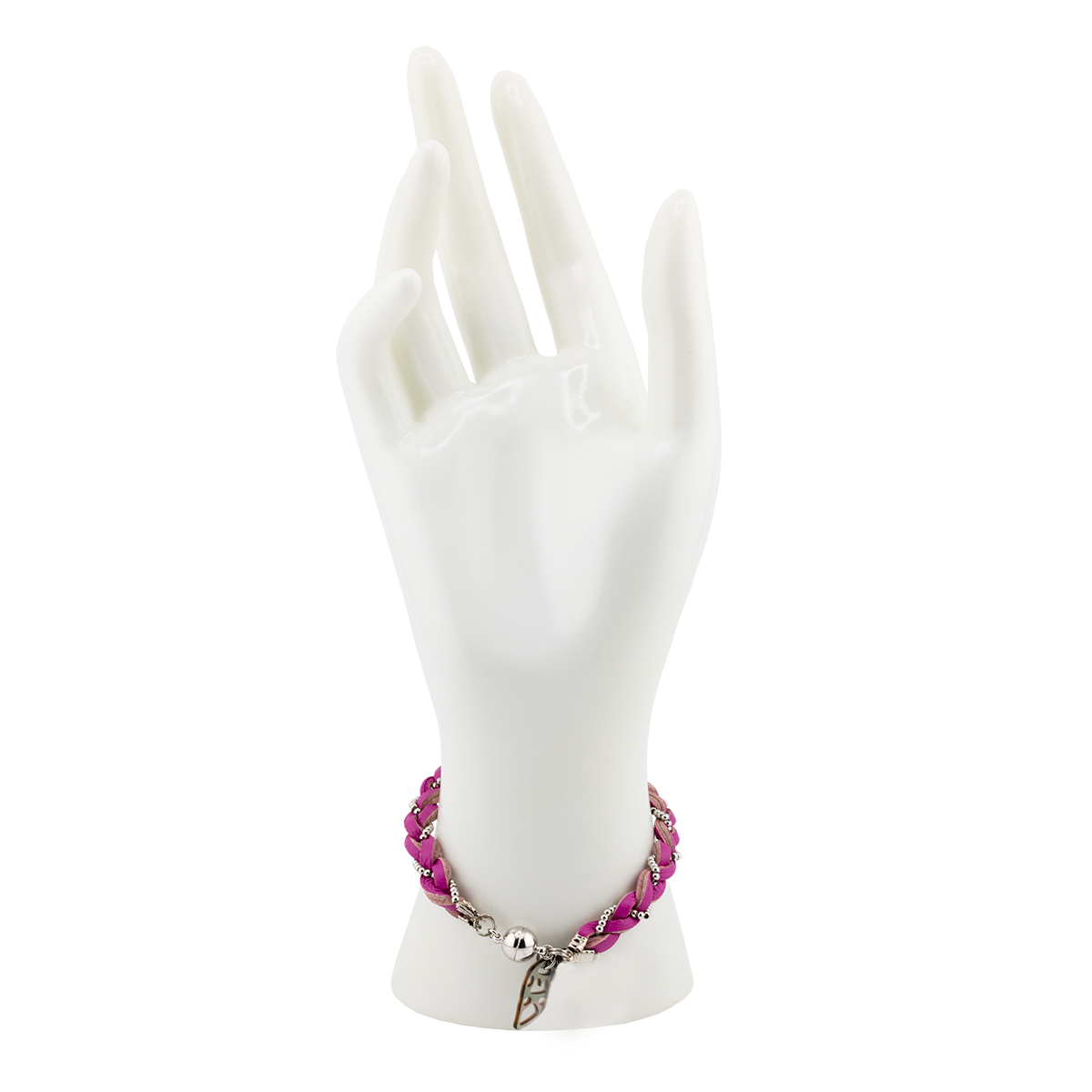 Pink beaded bracelet on a white mannequin hand against a white background